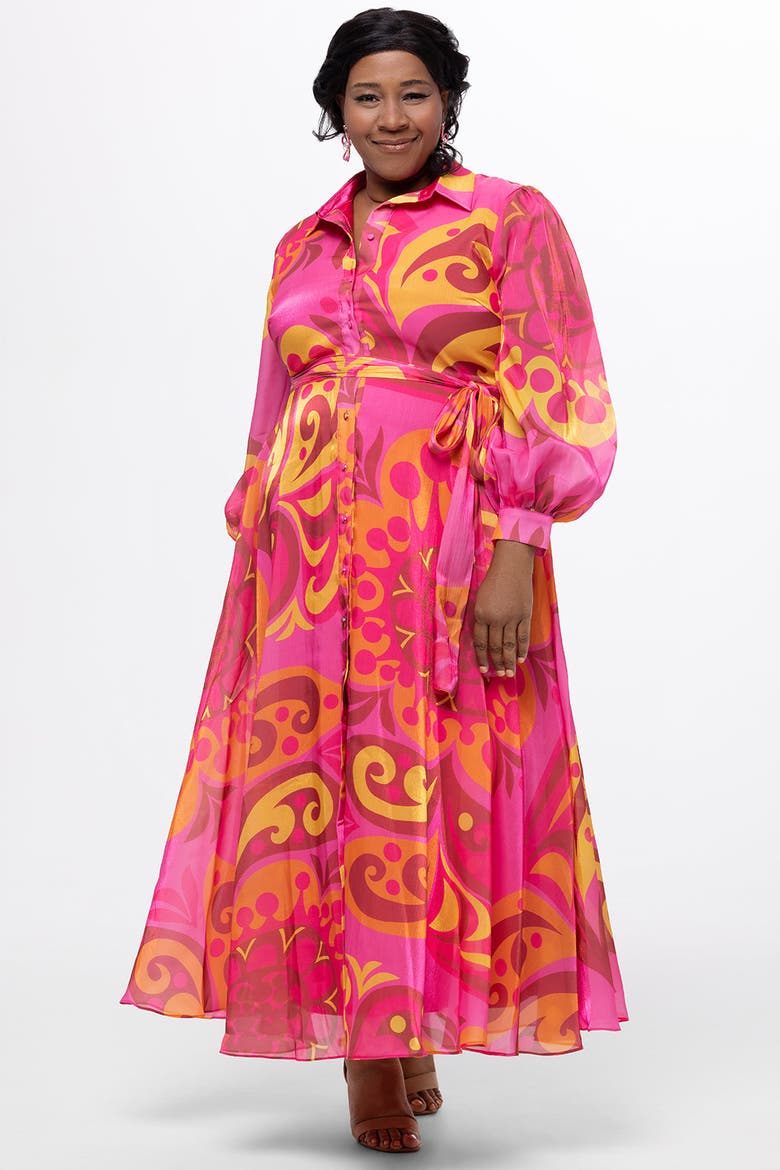 Long Sleeve Abstract Button Down Plus Size Dress, Alternate, color, Print