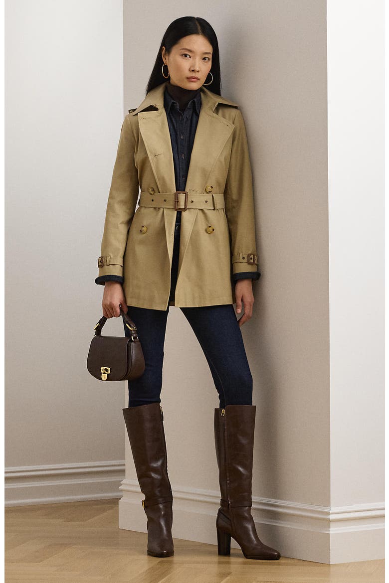 Double Breasted Belted Cotton Blend Trench Coat, Alternate, color, BIRCH TAN
