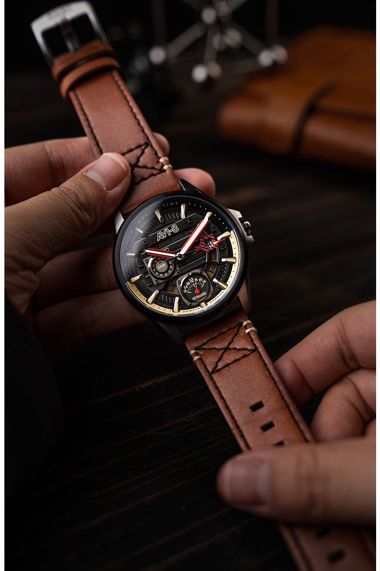 Hawker Harrier Farley Leather Strap Watch, 44mm, Alternate, color, BLACK