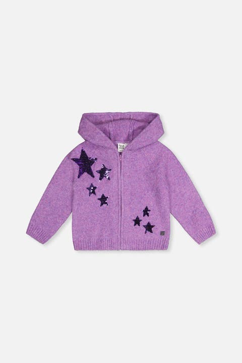 Hooded Zip Star Detail Knitted Cardigan