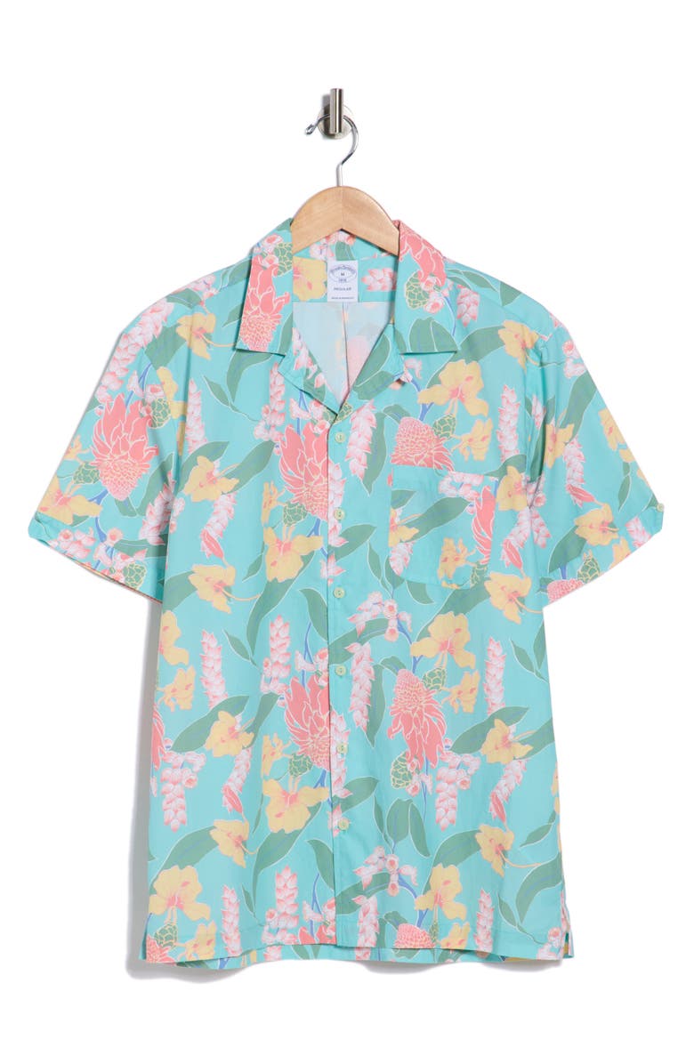 Brooks Brothers Leaf Short Sleeve Camp Shirt, Main, color, Aqua