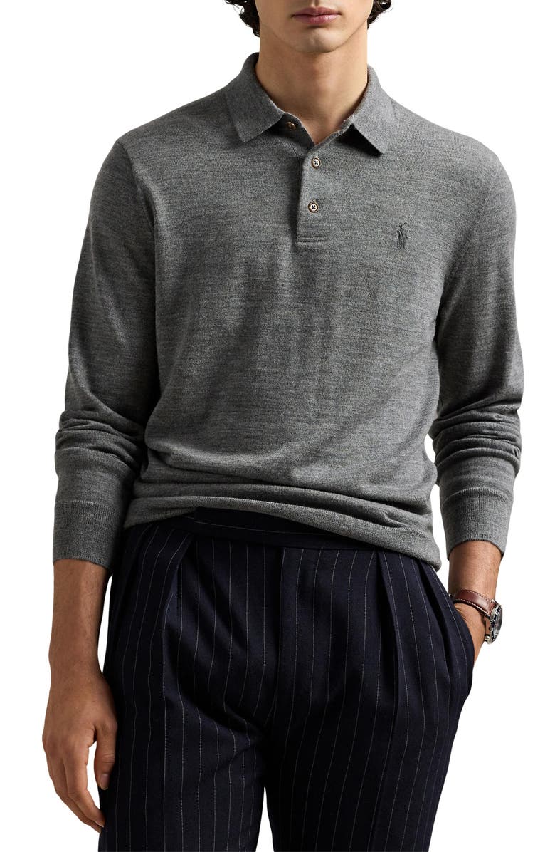 Polo Ralph Lauren Long Sleeve Wool Polo Sweater, Main, color, Fawn Grey Heather