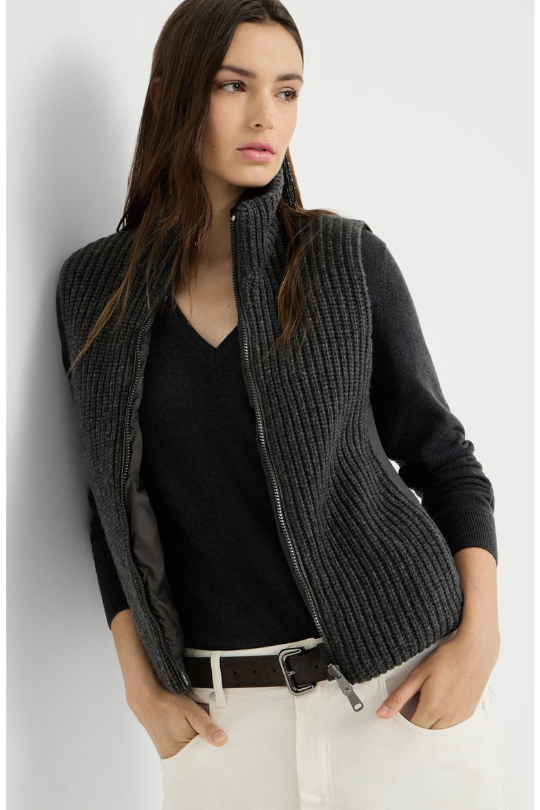 Cashmere Feather yarn reversible knit down vest with monili, Alternate, color, Lignite