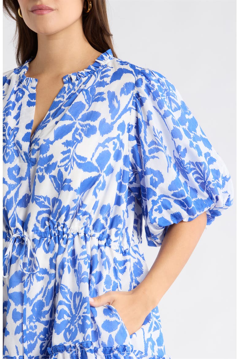 Shia Floral Noella Puff Sleeve Cotton Minidress, Alternate, color, WHITE BLUE