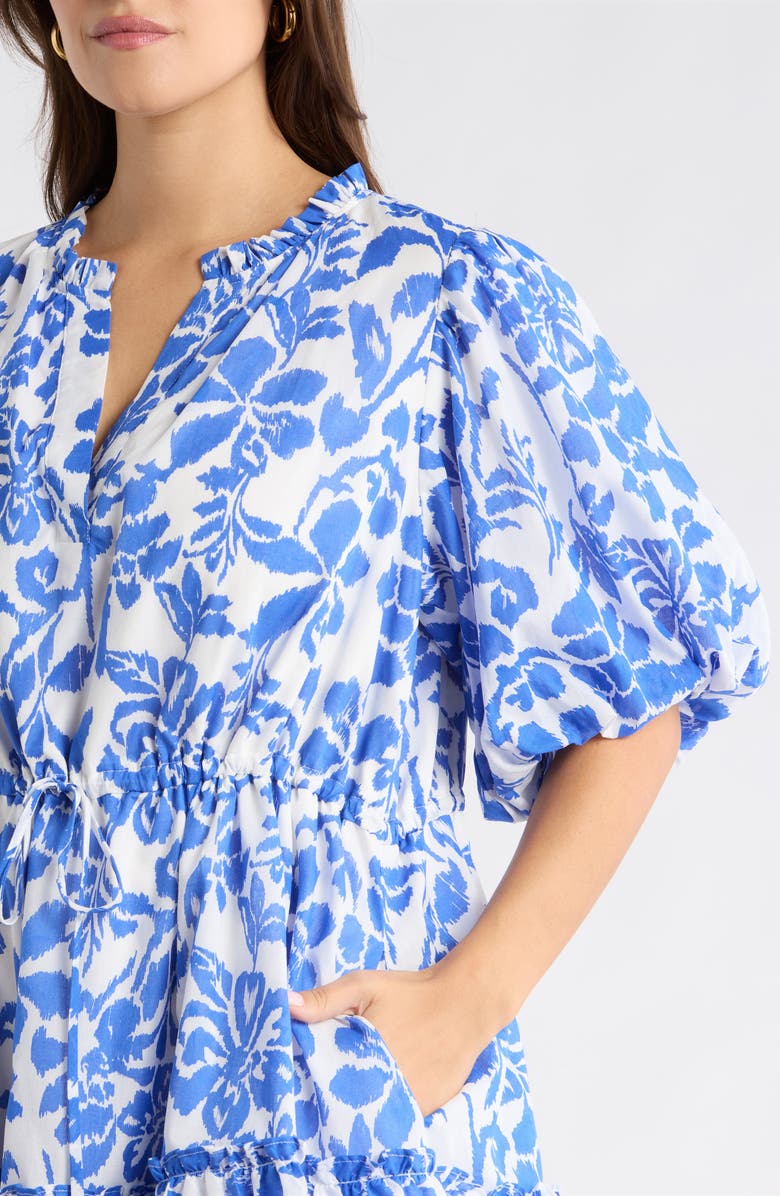 SUGARLIPS Shia Floral Noella Puff Sleeve Cotton Minidress, Alternate, color, White Blue