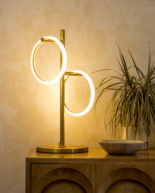 Brightech Saturn 21" Led Table Lamp With Built-in 3-way Dimmer And 2 Removable Ring Lights In Antique Brass