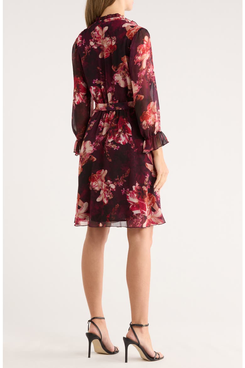 Floral Ruffle Sleeve Tie Waist Chiffon Dress, Alternate, color, WINE MULTI