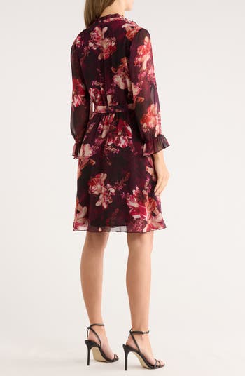 Floral Ruffle Sleeve Tie Waist Chiffon Dress