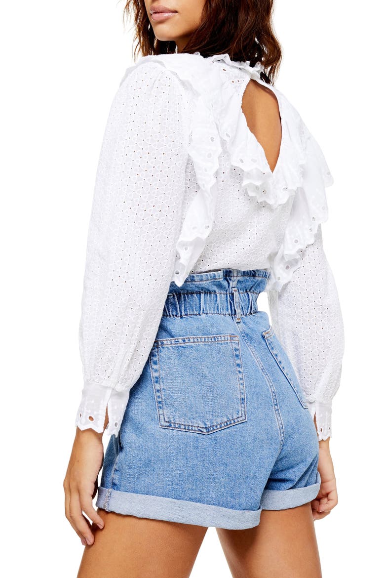 Ruffle Long Sleeve Broderie Anglaise Top, Alternate, color, WHITE