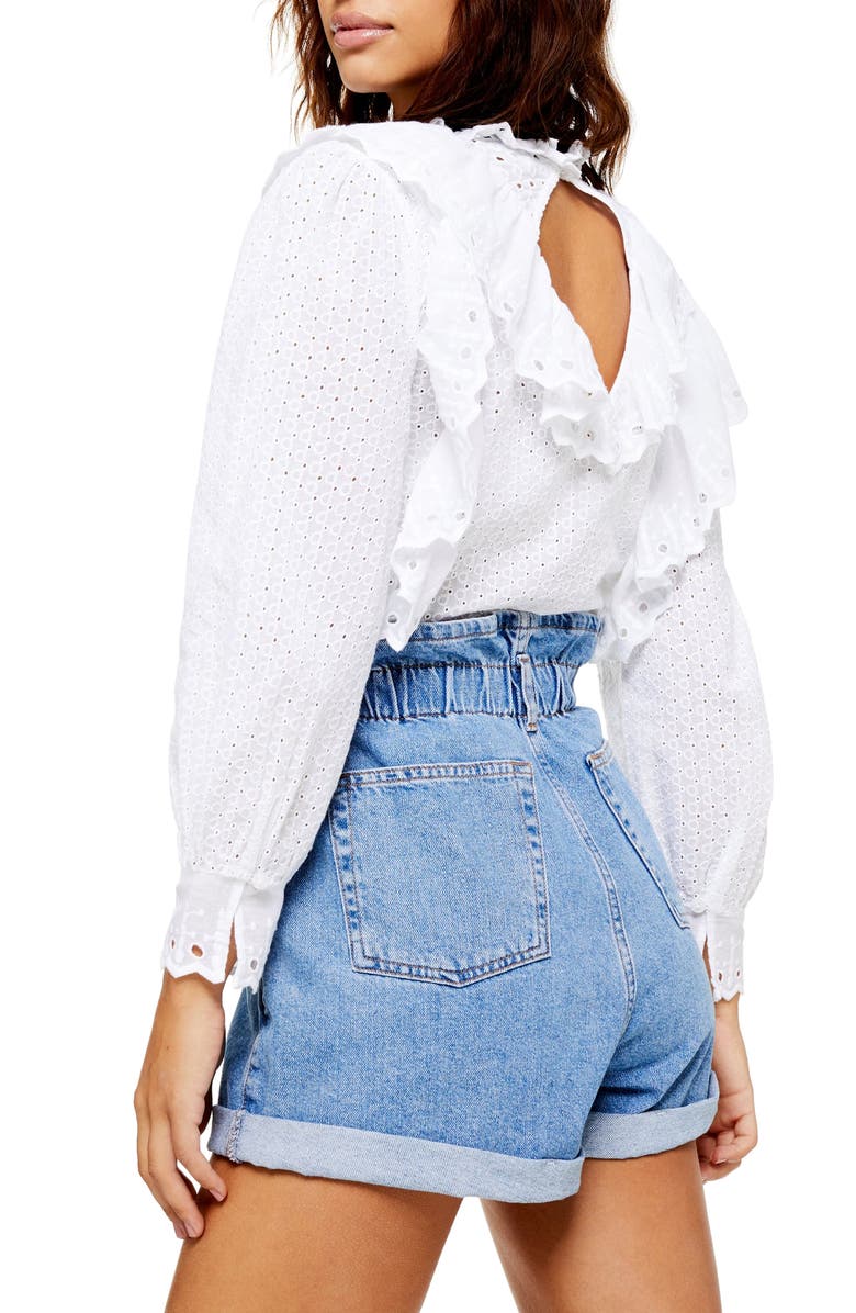 Topshop Ruffle Long Sleeve Broderie Anglaise Top, Alternate, color, 