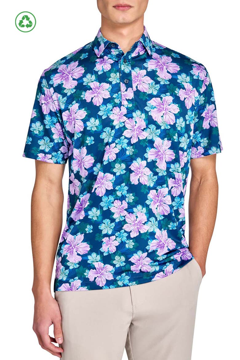 Regular Fit Layered Hibiscus Recycled Performance Golf Polo, Main, color, NAVY/PURPLE