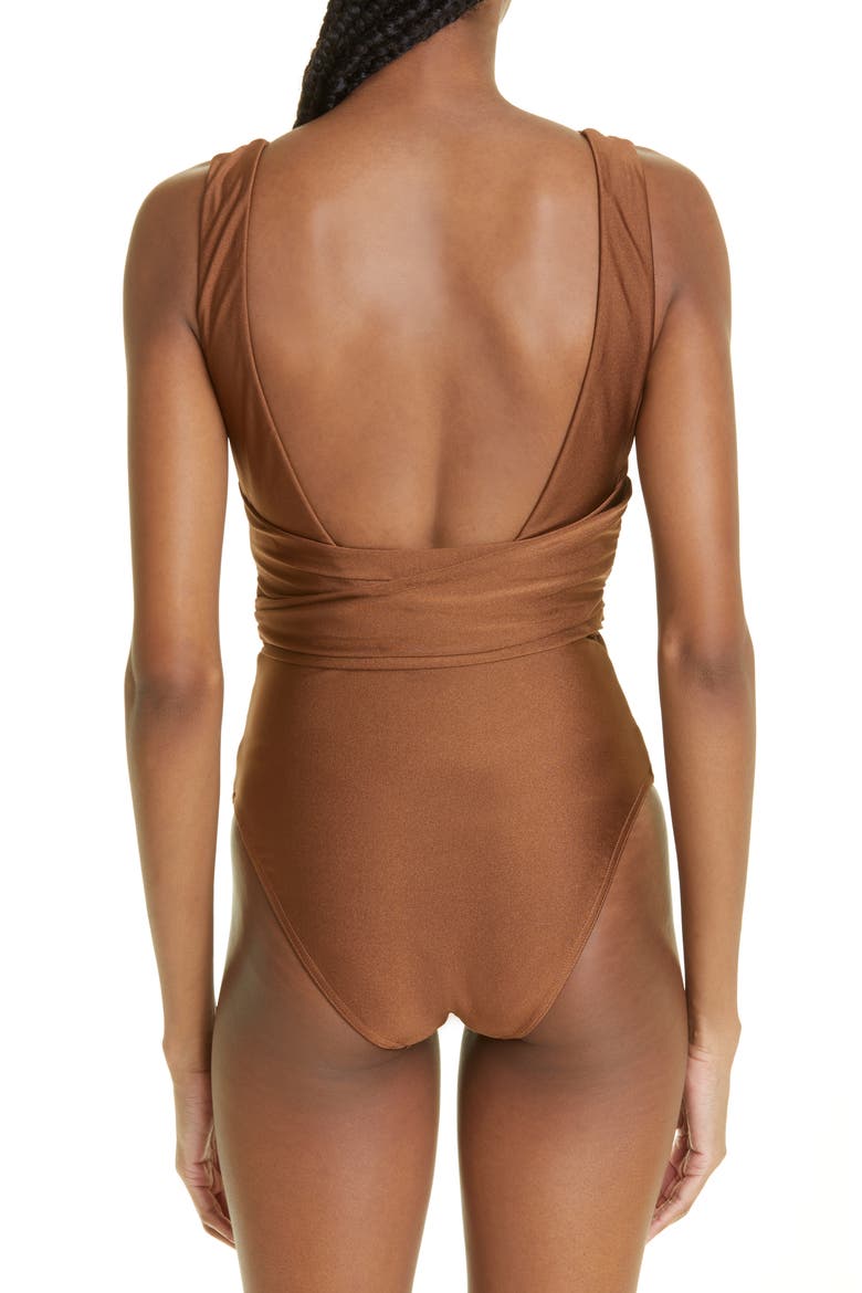 Raie Plunge Neck One-Piece Swimsuit, Alternate, color, TAN