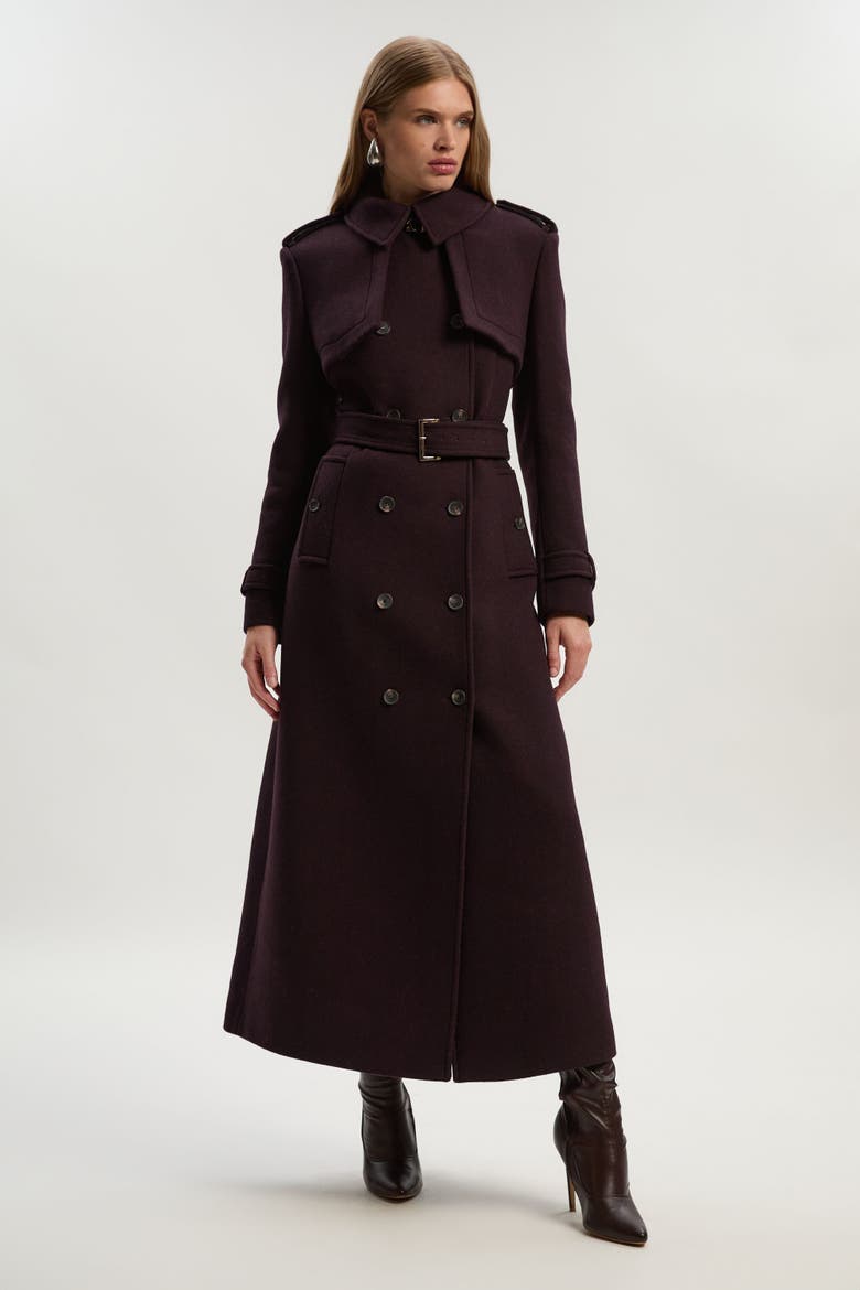Petite Wool Trench Maxi Coat, Main, color, Wine