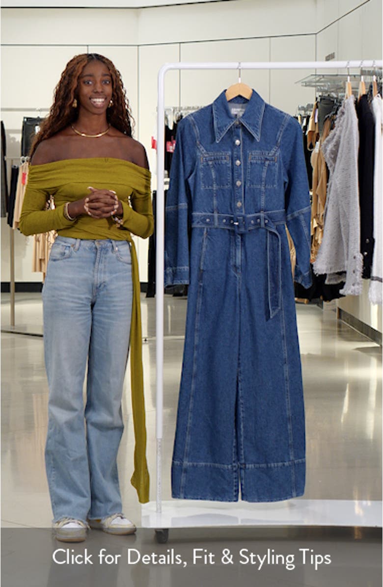 Long Sleeve Belted Wide Leg Denim Jumpsuit, sales video thumbnail