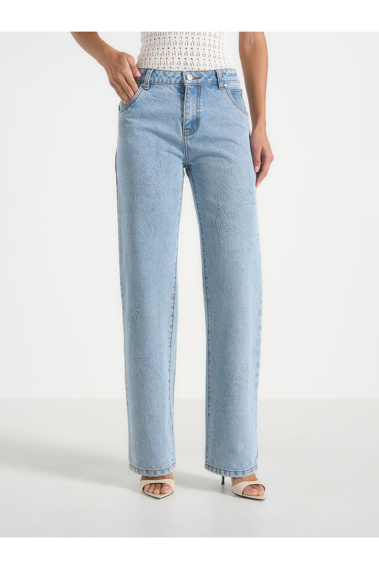 Calista Line Art Straight Leg Jeans, Main, color, Mid Blue