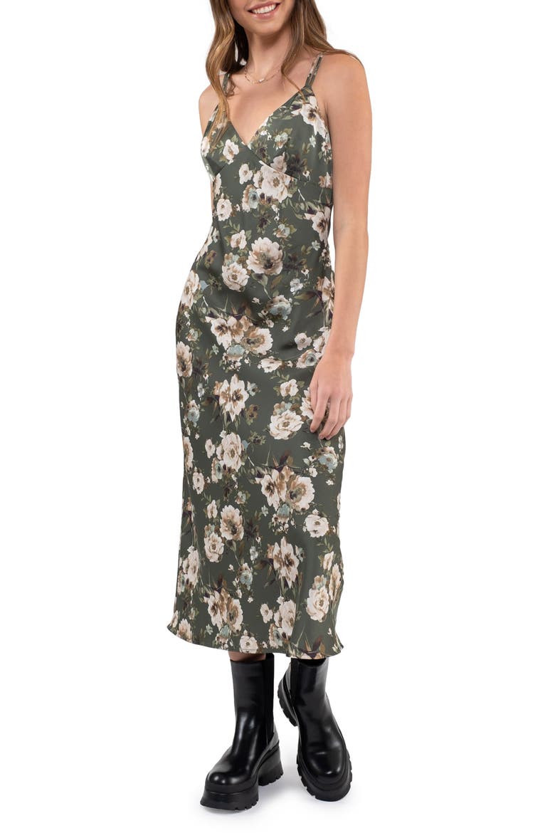 Floral Satin Maxi Dress, Main, color, HUNTER GREEN