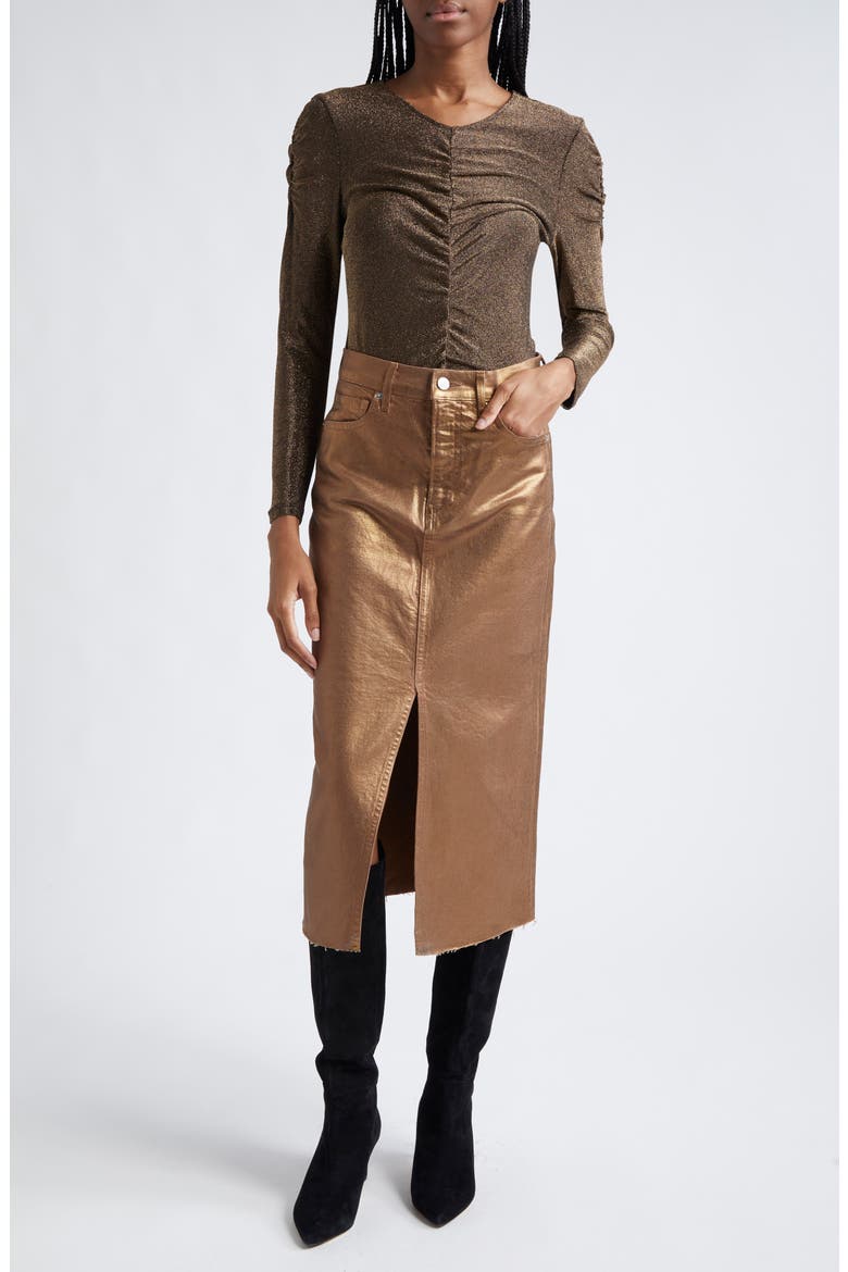 Victoria Front Slit Metallic Midi Skirt, Alternate, color, ANTIQUE BRASS