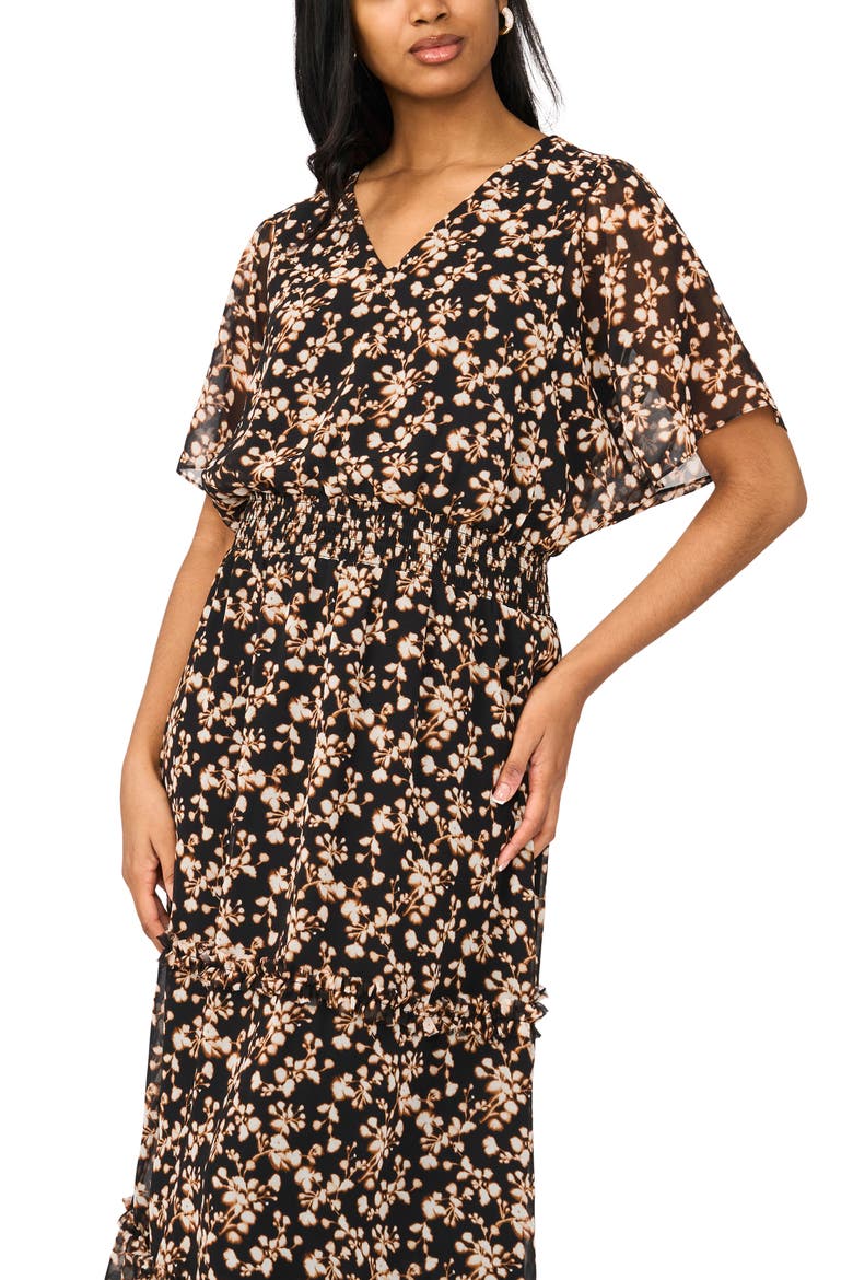 V-Neck Smocked Waist Midi Dress, Alternate, color, RICH BLACK