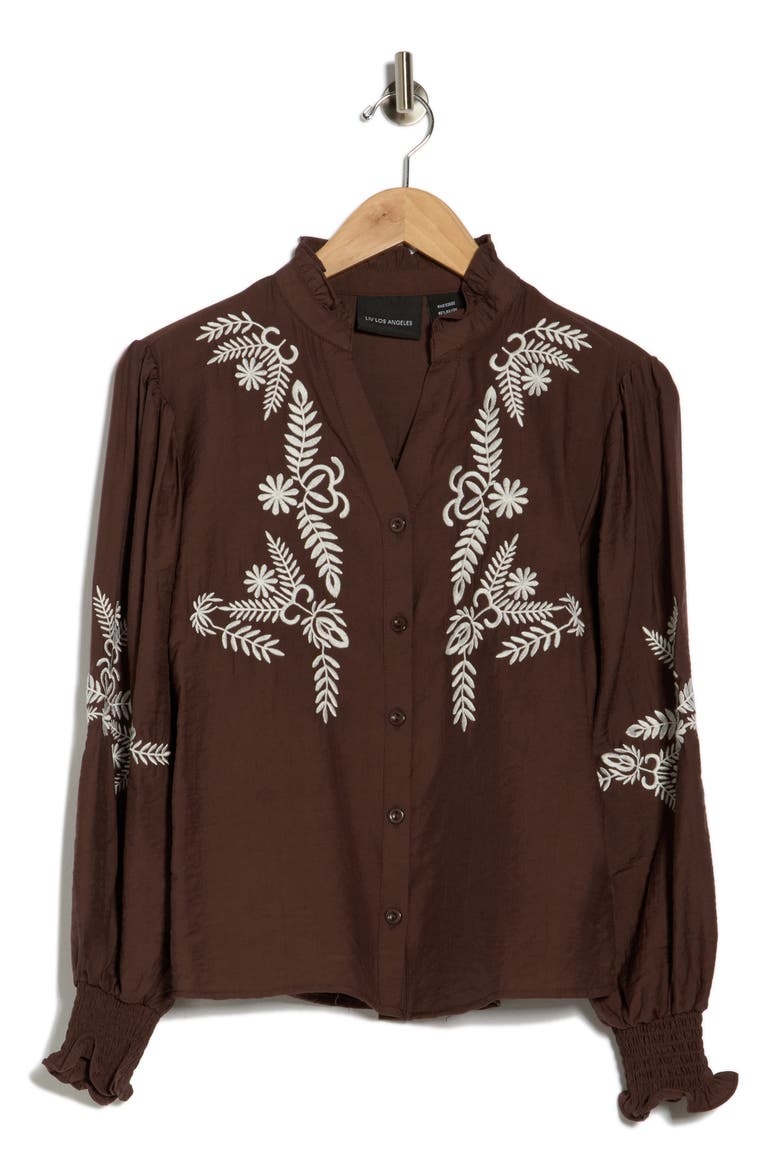 Embroidered Buttoned Top, Alternate, color, DARK BROWN