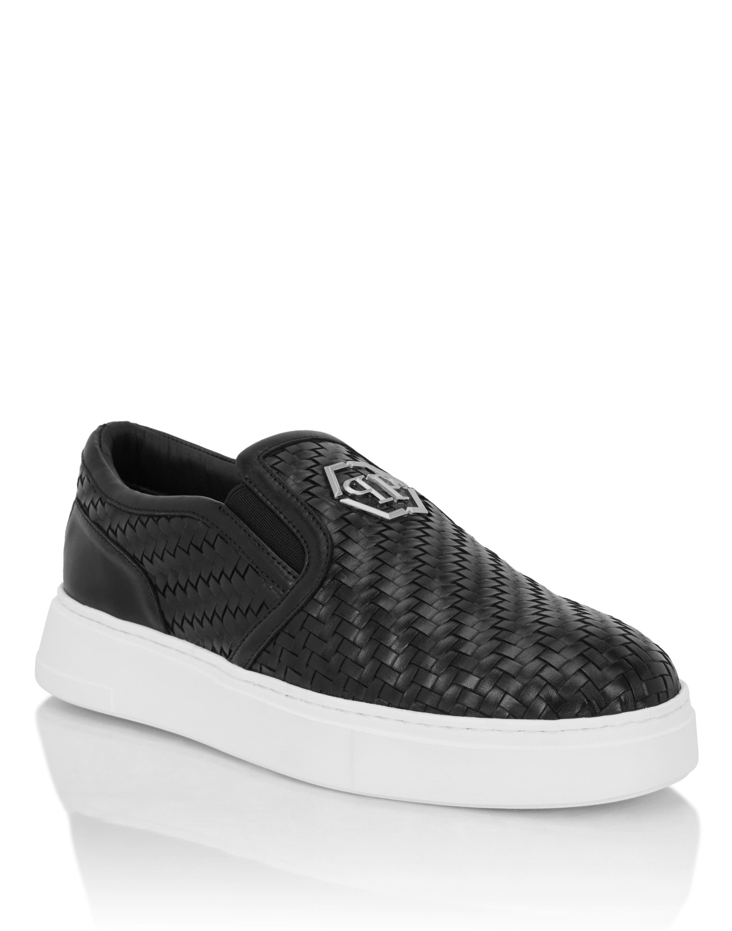 Weaved Leather Slip-On Shoes Hexagon Men, Main, color, black