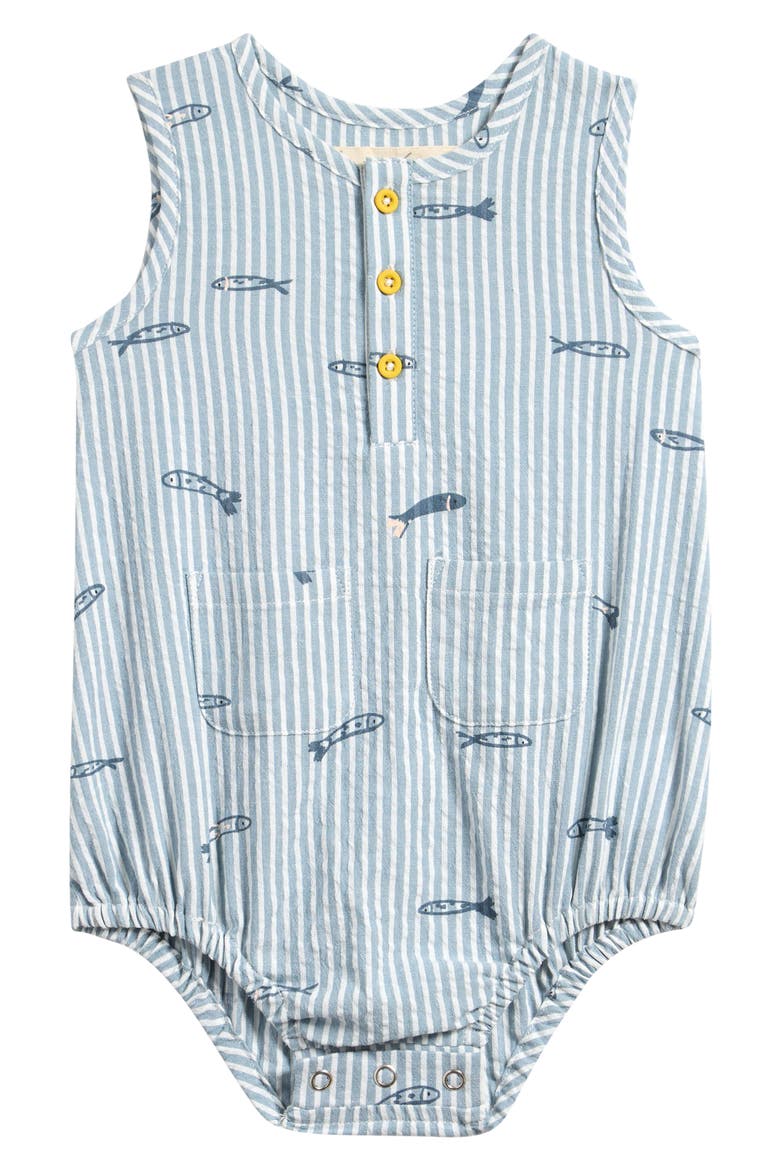 Sardine Embroidery Organic Cotton Seersucker Romper, Main, color, PETIT SARDINE
