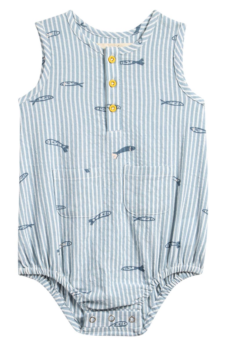 Pehr Sardine Embroidery Organic Cotton Seersucker Romper, Main, color, Petit Sardine