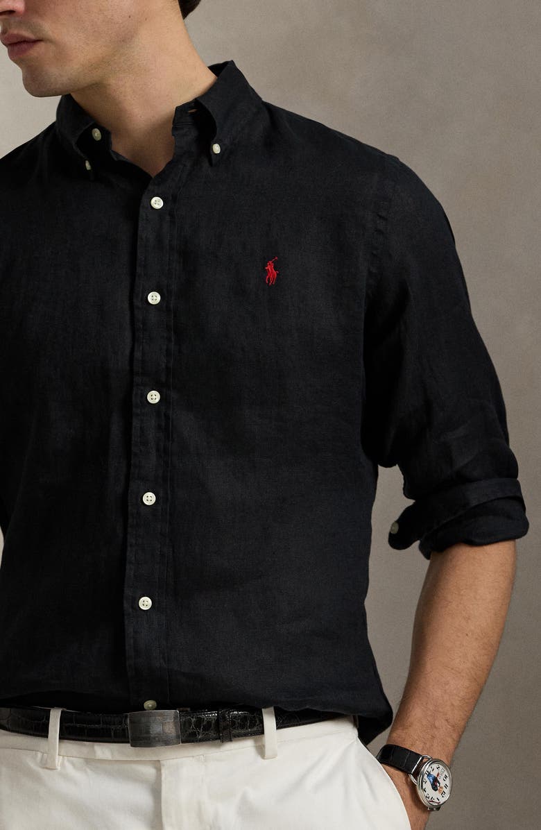 Polo Ralph Lauren Classic Fit Solid Black Linen Button-Down Shirt, Alternate, color, 