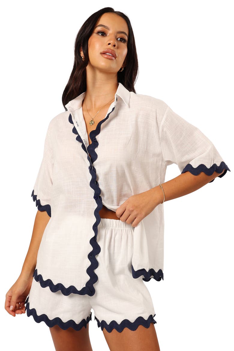 Wilson Rickrack Trim Oversize Cotton Button-Up Top & Shorts Set, Alternate, color, WHITE NAVY