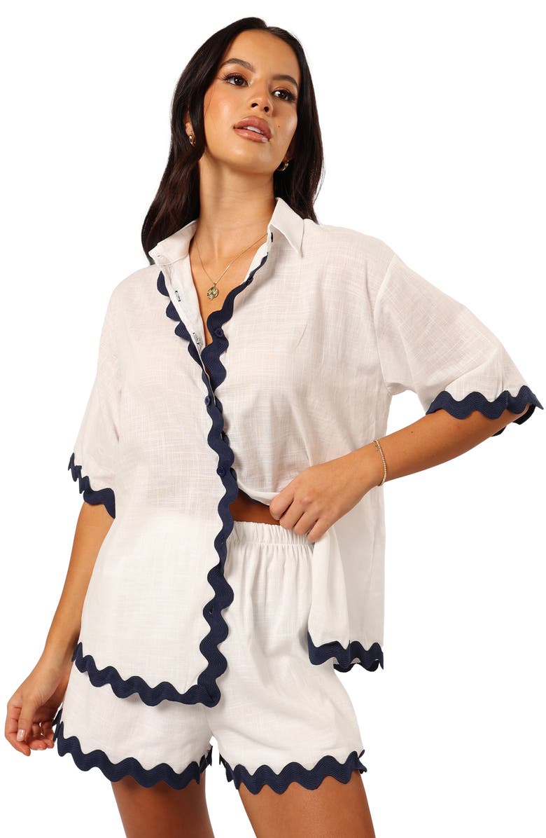 Petal & Pup Wilson Rickrack Trim Oversize Cotton Button-Up Top & Shorts Set, Alternate, color, White Navy