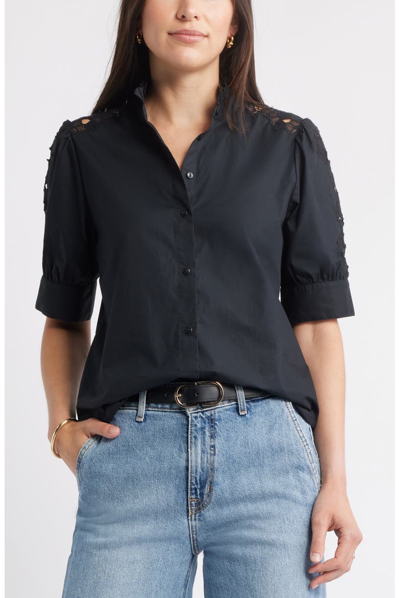 Ruffle Lace Appliqué Cotton Top, Main, color, BLACK