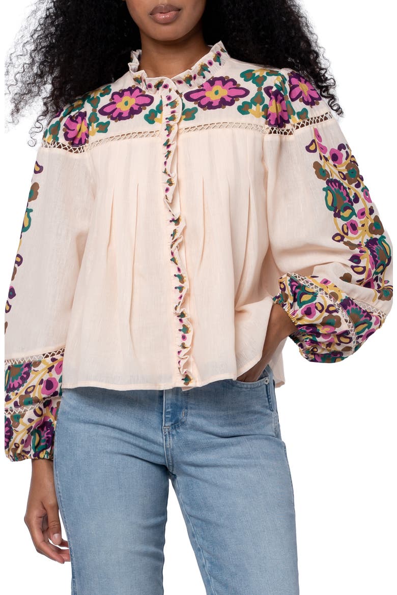 Isme Placed Floral Ruffle Placket Button-Up Shirt, Alternate, color, CREAM MULTI