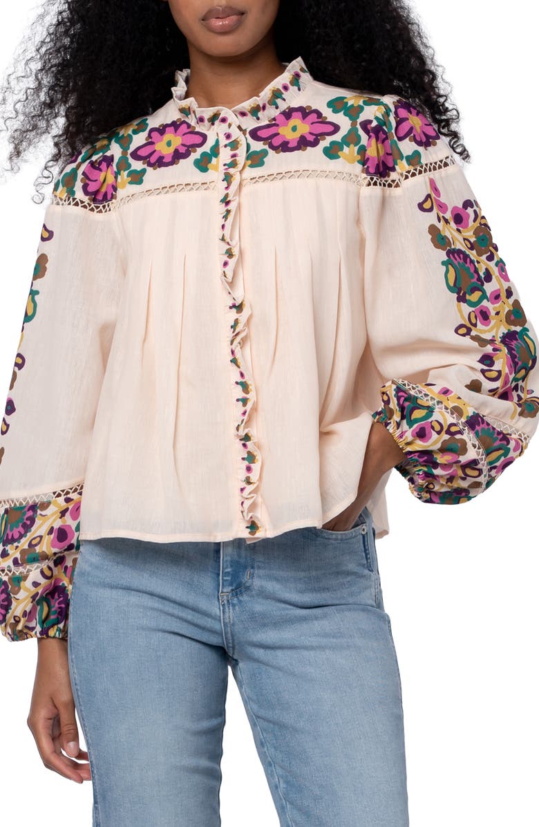 CIEBON Isme Placed Floral Ruffle Placket Button-Up Shirt, Alternate, color, Cream Multi