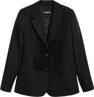 Desigual Mixed Media Pinstripe Single Breasted Blazer