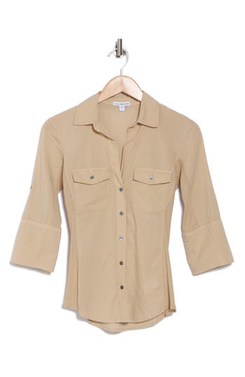 JAMES PERSE JAMES PERSE THREE-QUARTER SLEEVE BUTTON-UP SHIRT 