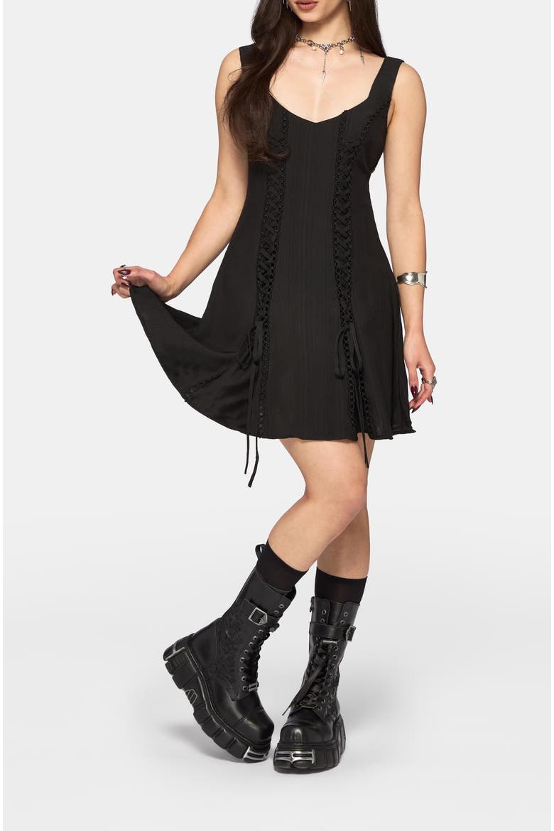 Tasmina Lace Up Front Mini Dress, Main, color, Black