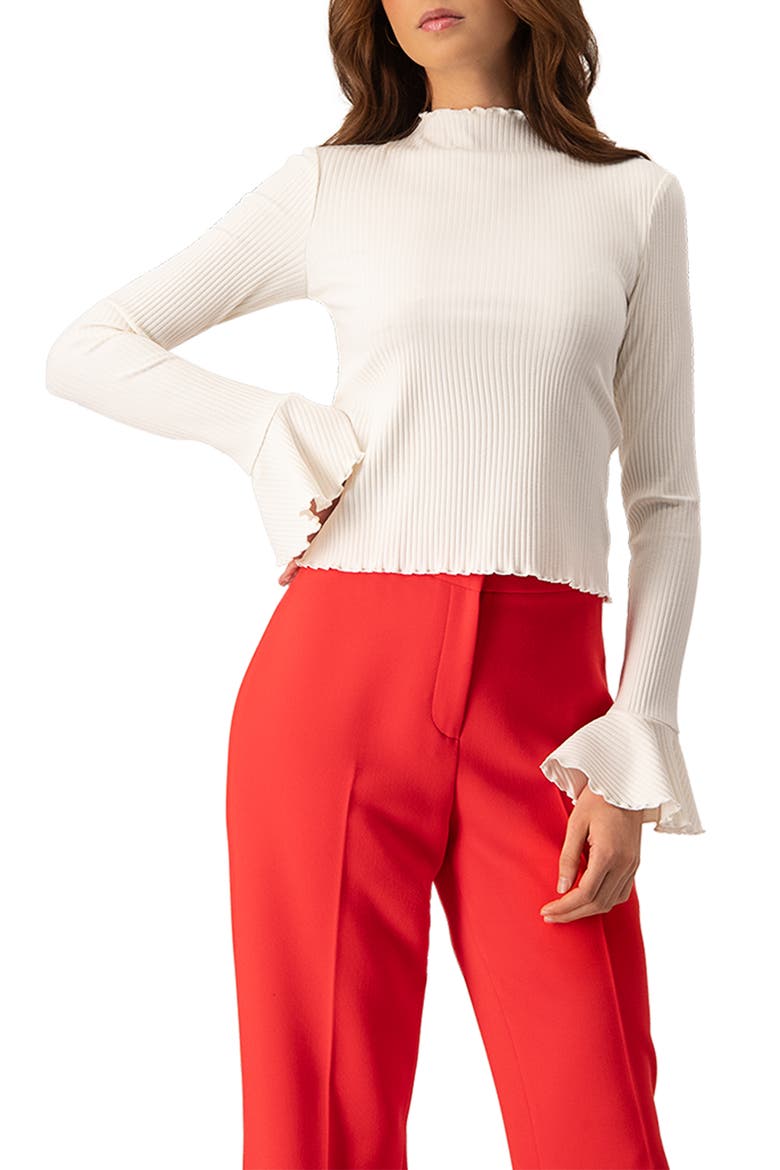 Ribbed Long-Sleeve Top with Flared Cuffs, Main, color, Natural