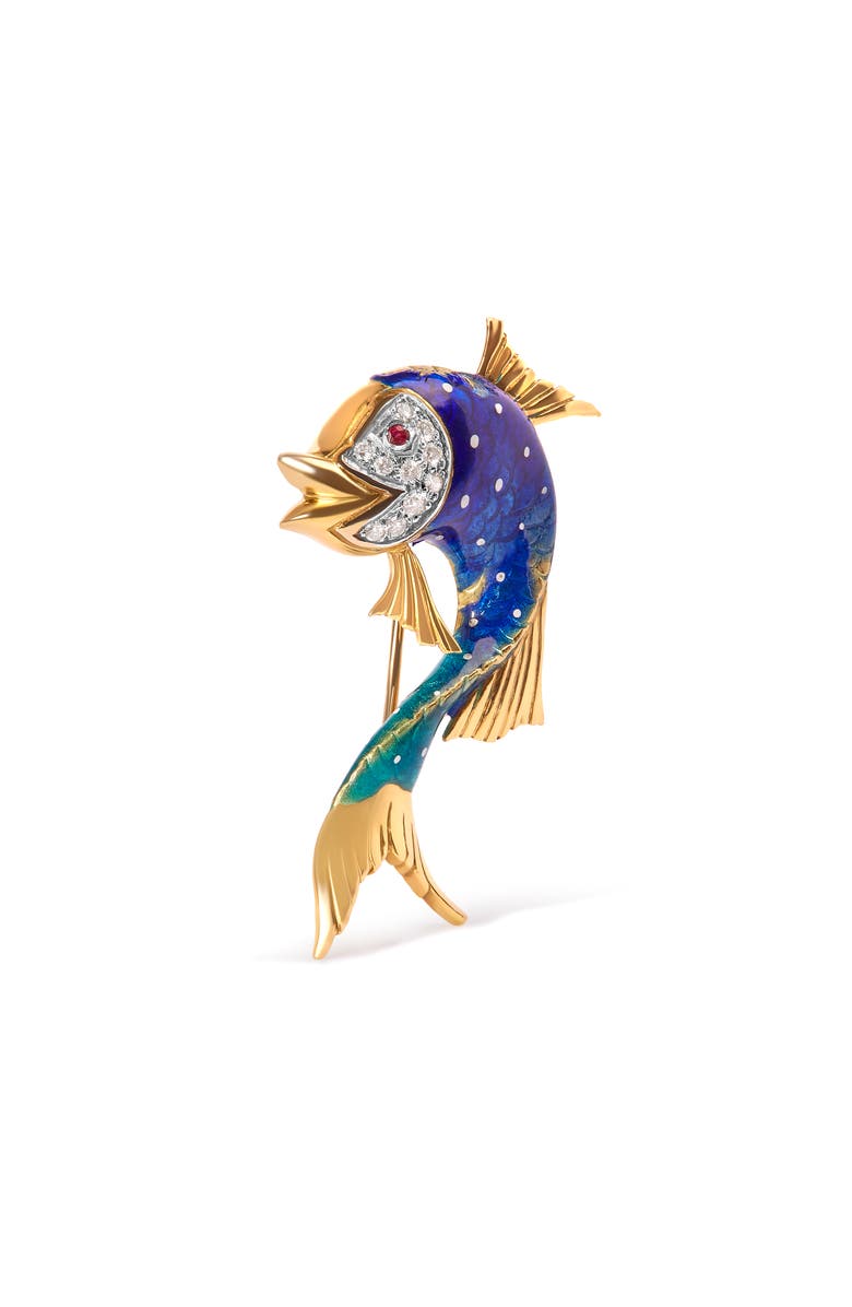 Haus of Brilliance 18K Yellow Gold and Blue Enamel Diamond and Pink Sapphire Fish Brooch Pin, Alternate, color, Yellow