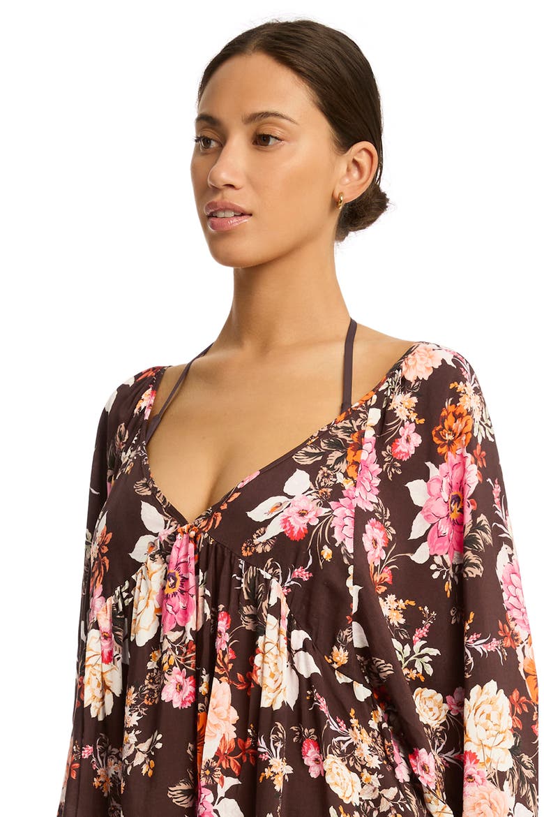 Rosewood Boho Balloon Sleeve Cover-Up Minidress, Alternate, color, COCOA