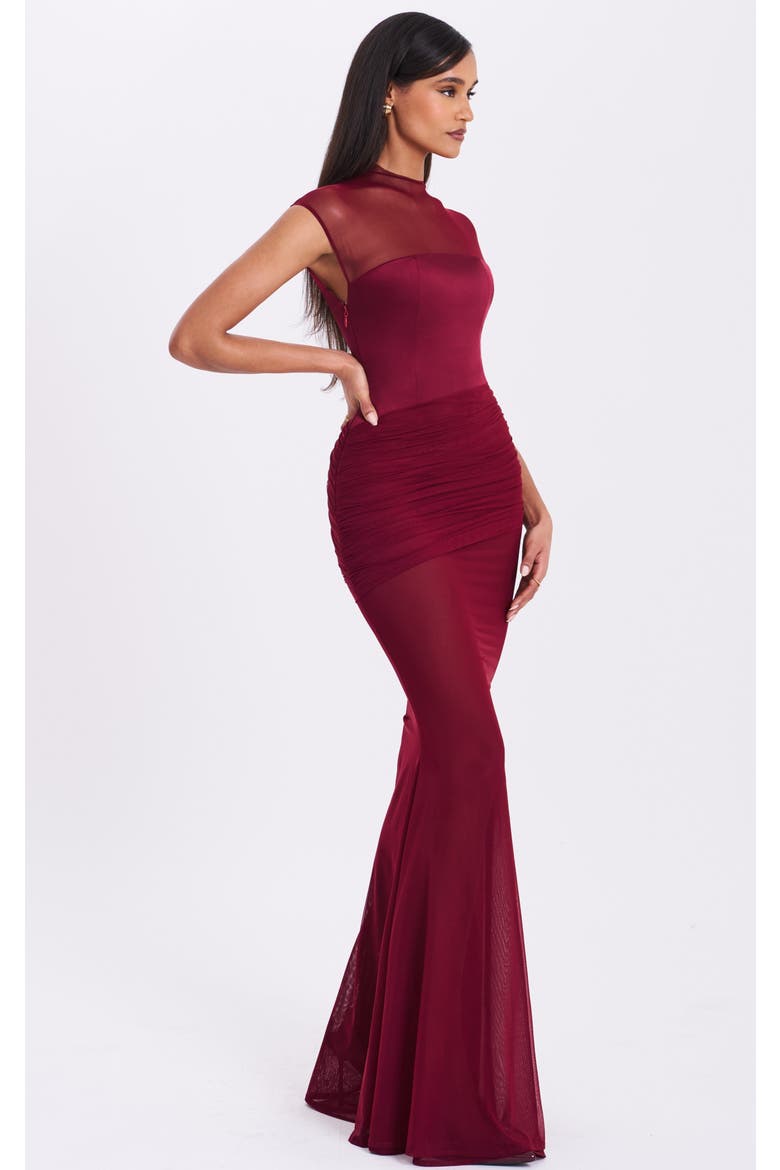 Fabienne Mesh Cap Sleeve Mermaid Gown, Alternate, color, Burgundy