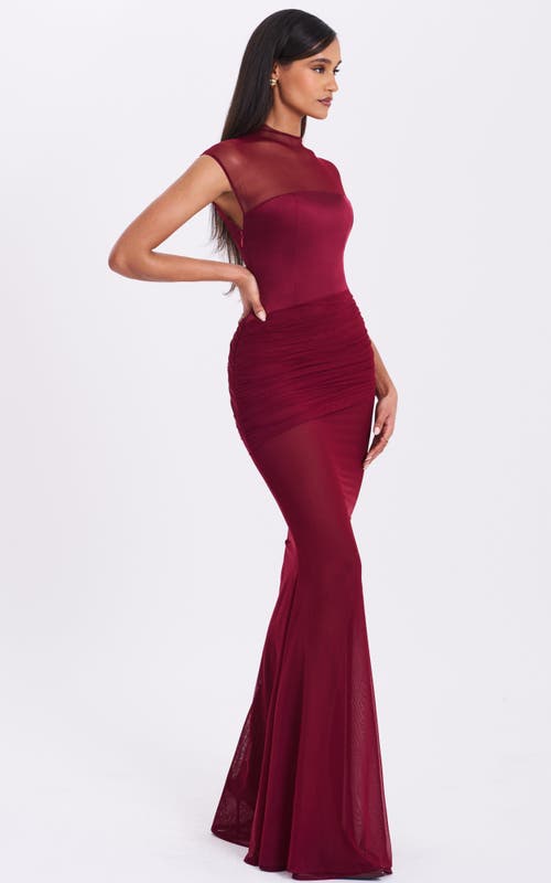 Miss Circle Fabienne Mesh Cap Sleeve Mermaid Gown In Burgundy