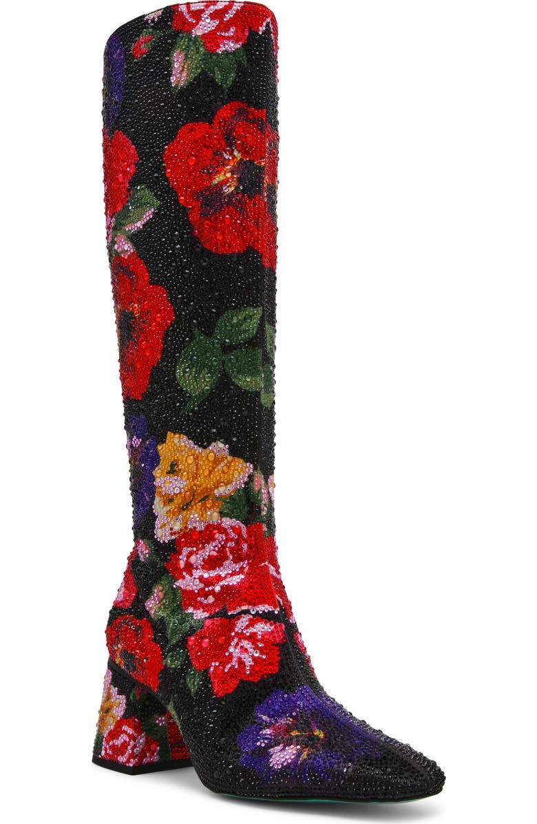Betsey Johnson Avon Rhinestone Flower Knee High Boot, Main, color, Black Flower Multi