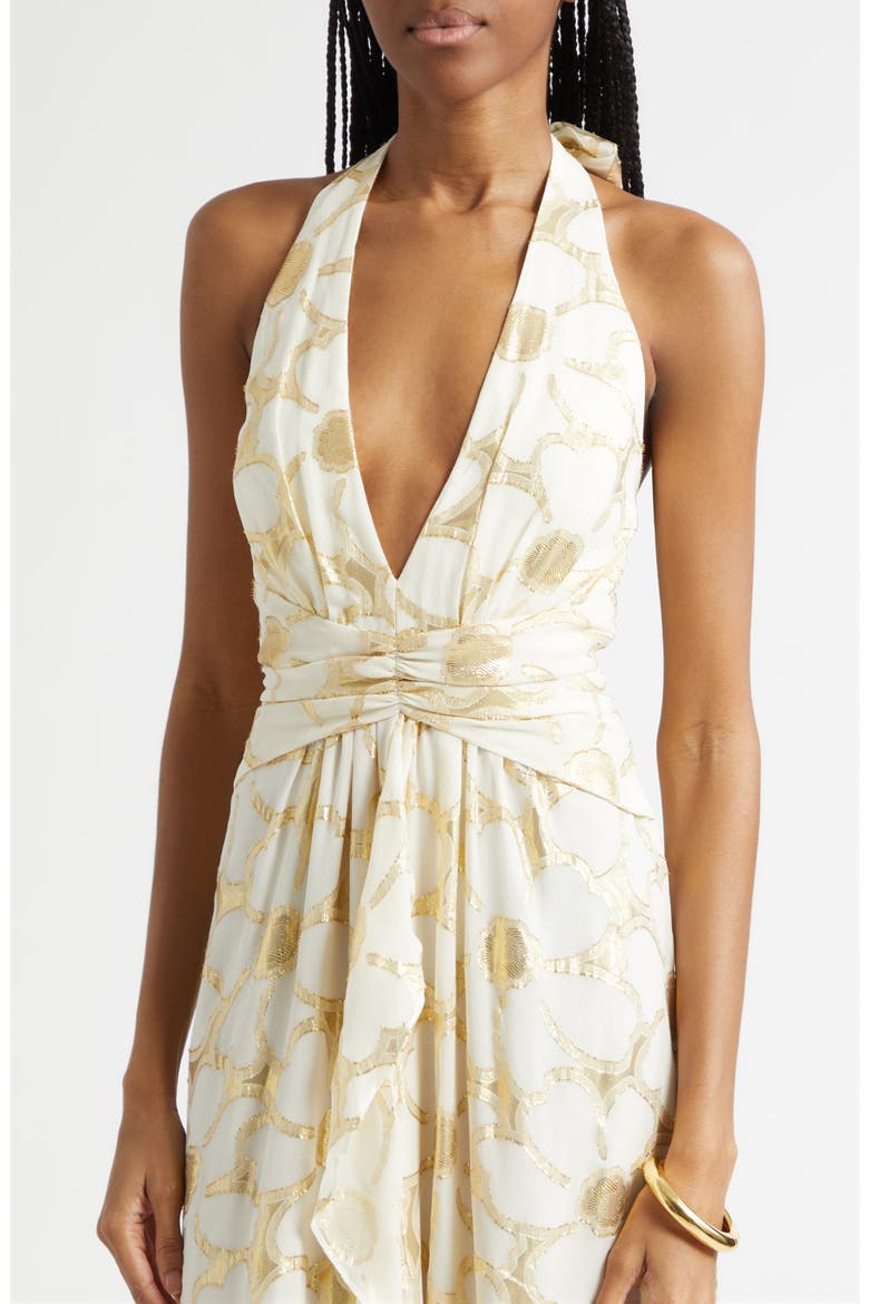 Stephanie Metallic Daisy Print Halter Gown, Alternate, color, IVORY JACQUARD