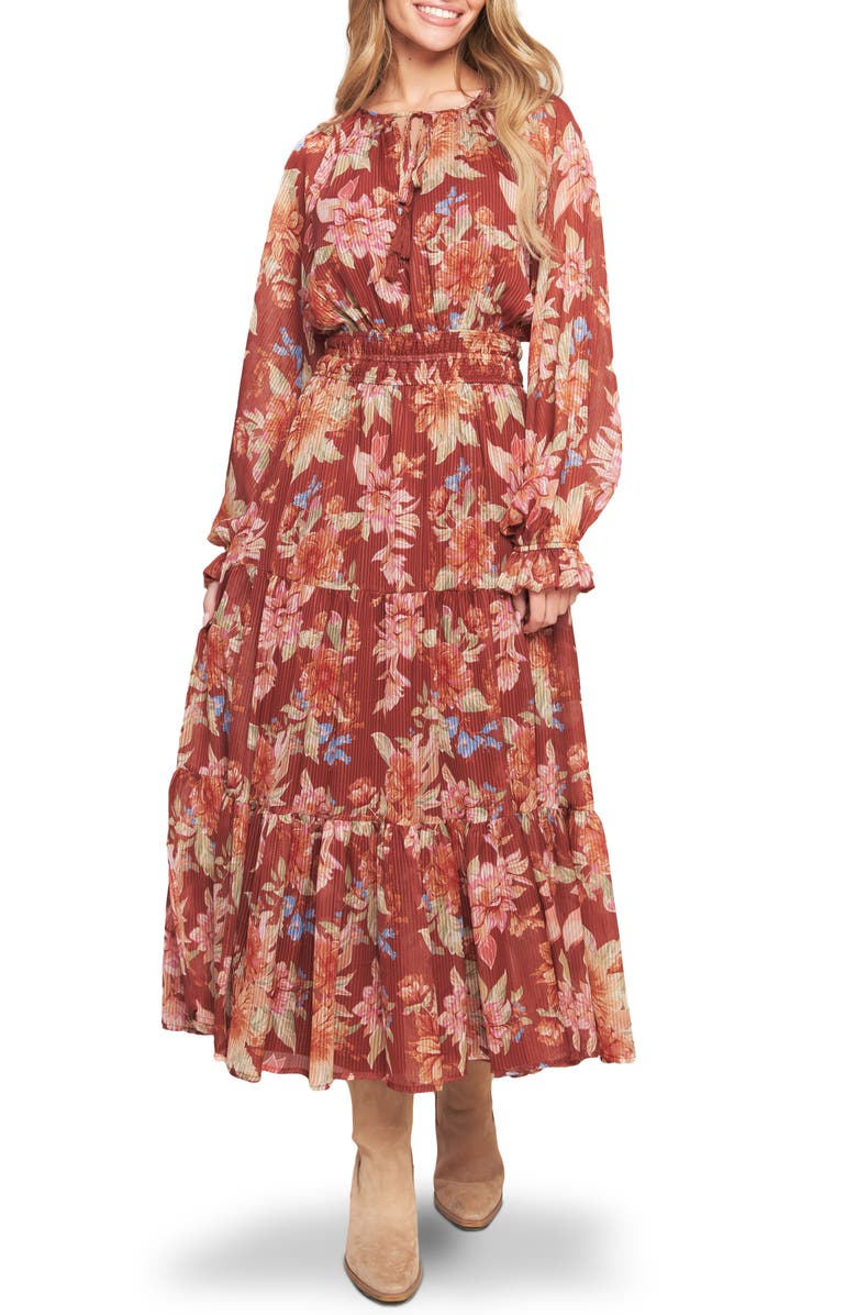 FLYING TOMATO Long Sleeve Tiered Midi Dress, Main, color, Brown