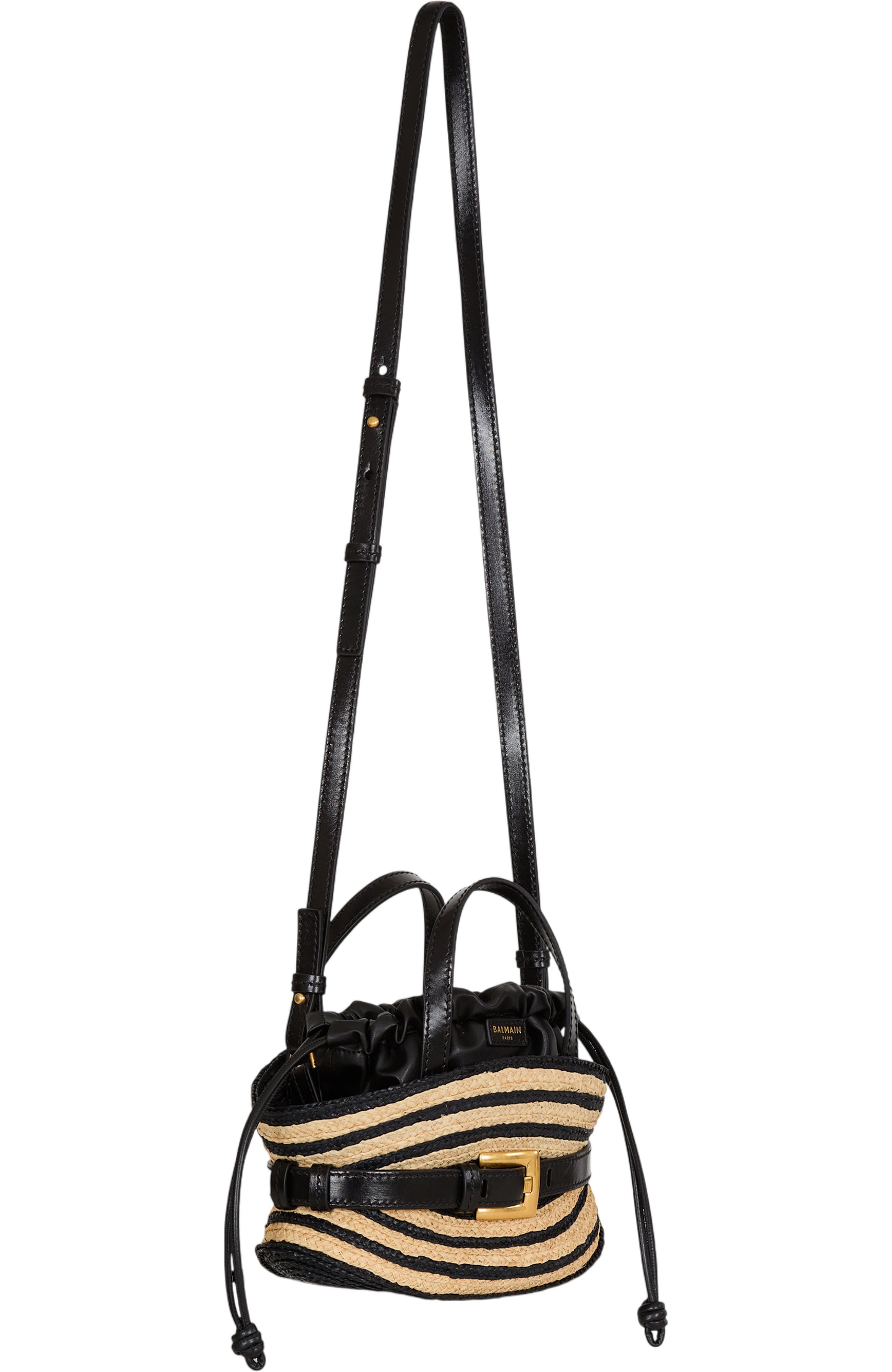 Balmain Mini Shuffle bag in smooth leather and raffia, Alternate, color, Beige