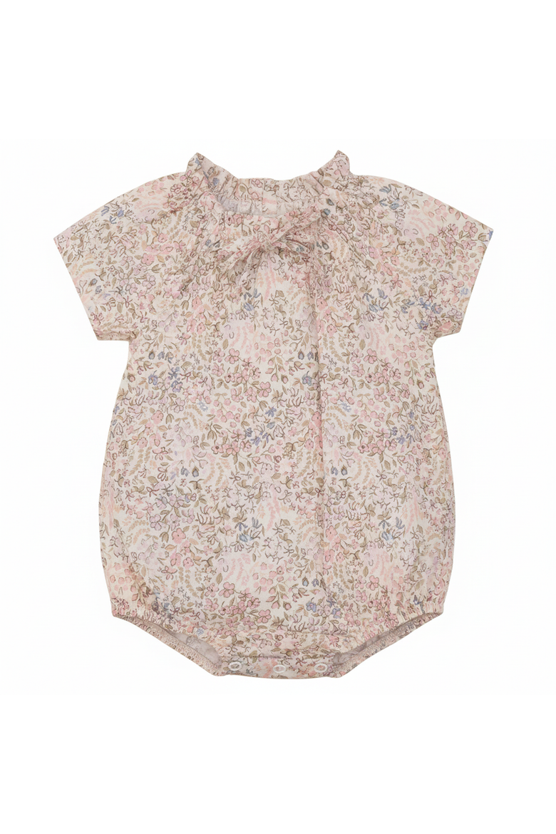 Girl Floral Flutter Sleeve Drawstring Bubble Romper, Main, color, Cream