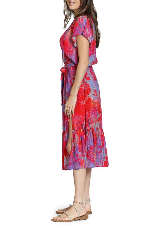 Apny Print Short Sleeve Midi Dress In Purple Multi