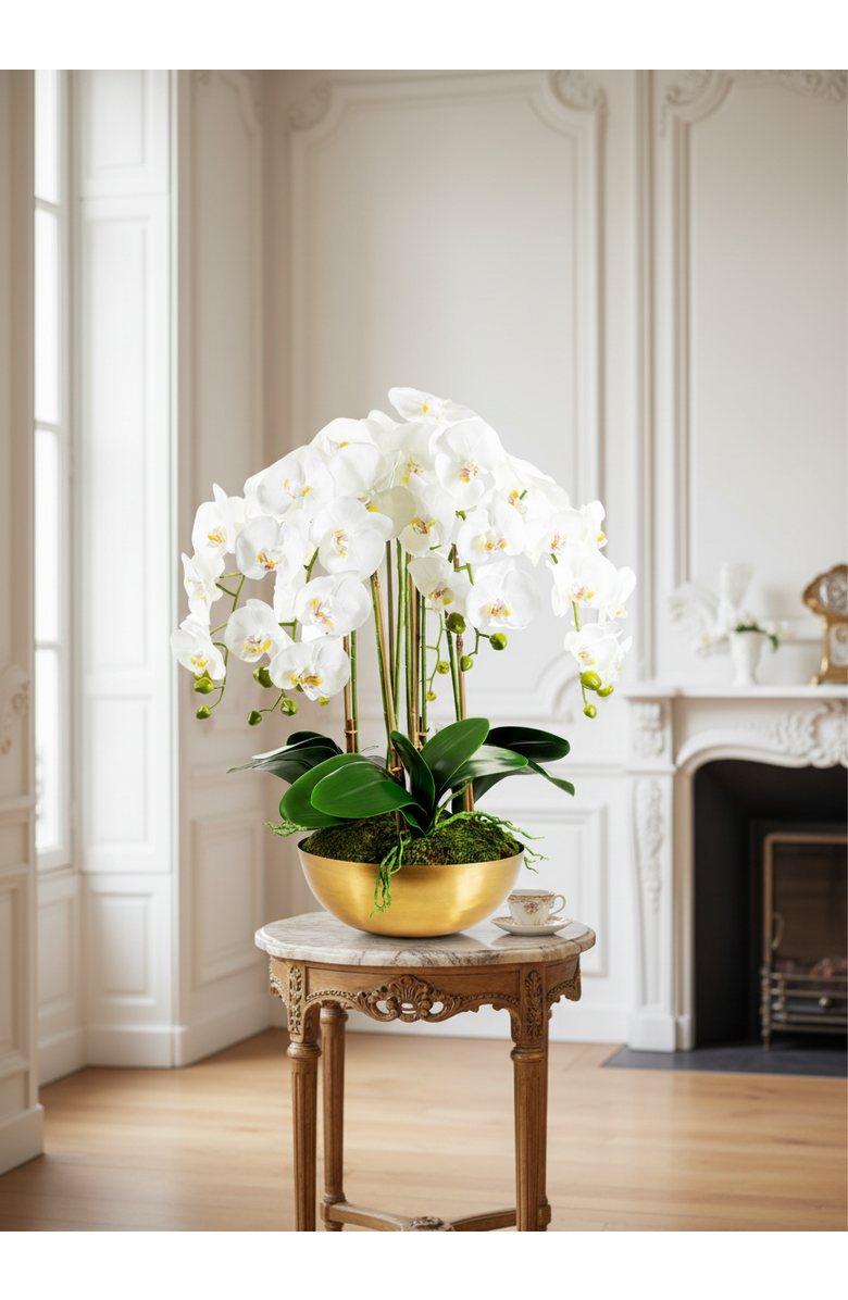 CocoBella Abigail RealTouch White Orchid in Gold Bowl, Alternate, color, Gold, White, Green