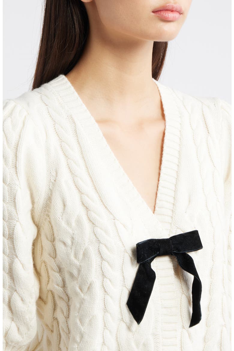 Clarissa Velvet Bow Cotton & Merino Wool Blend Cable Sweater, Alternate, color, IVORY CABLES
