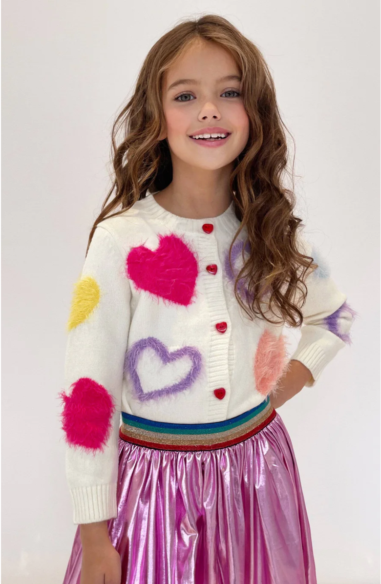 Lola + The Boys Fuzzy Hearts Cardigan, Alternate, color, White