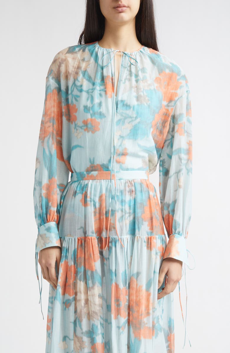 Erdem Floral Print Cotton & Silk Voile Top, Main, color, Trailing Poppy Dream Blue